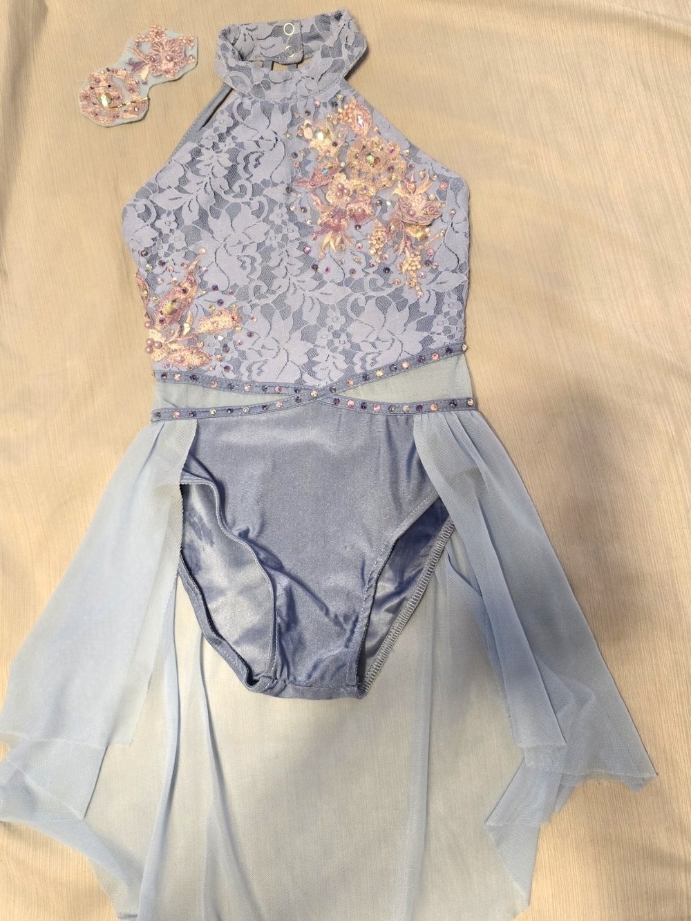 iEFiEL- Girls Light Blue Lace Halter Dance Costume with Sheer Skirt - Size 8